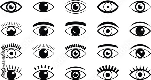 Eye Icons Silhouette Collection Vector Illustration, Human Eyes with Different Shapes Eyelashes and Expressions, Black Minimal Design Set