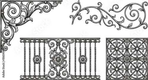 Vintage Wrought Iron Design Elements Set Featuring Ornate Filigree Corner Brackets Decorative Balcony Railing and Classical Floral Medallion Panels on White Background