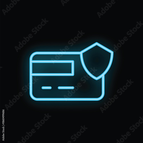 Glowing neon icon of a credit card being protected by a shield on a black background