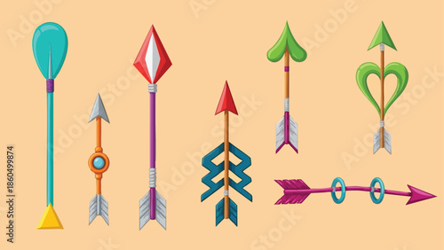 Colorful flat design arrows with various creative tip shapes in vibrant teal red orange and green arranged horizontally on light beige background vector art