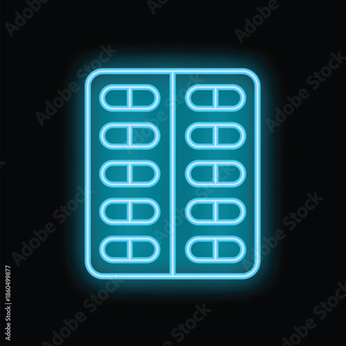 Bright blue neon sign depicting a blister pack of pills, radiating a vibrant luminescence against a dark backdrop