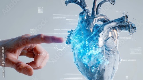 Digital hand touching holographic human heart symbolizing medical innovation