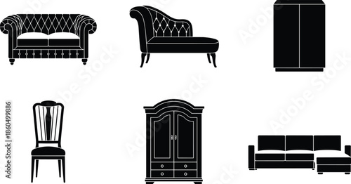 Furniture Silhouette Collection Vector Illustration, Sofa Armchair Wardrobe Chair and Cabinet Set, Black Interior Design Icons for Home Decor