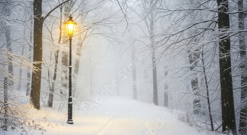 Enchanting winter forest path illuminated by a single vintage lamp post