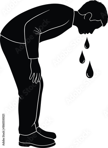 Black Silhouette Illustration of a Man Leaning Forward and Vomiting Representing Food Poisoning Nausea Sickness Stomach Flu or Mental Health Stress