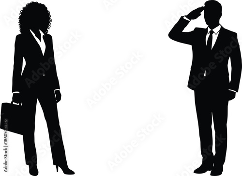 Businessman saluting businesswoman silhouette, professional respect and authority gesture, corporate leadership interaction, formal business etiquette concept