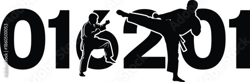 Black Silhouette Illustration of Two Karate Martial Artists Sparring in Front of Large Bold Numbers for Sports Club Branding and Design