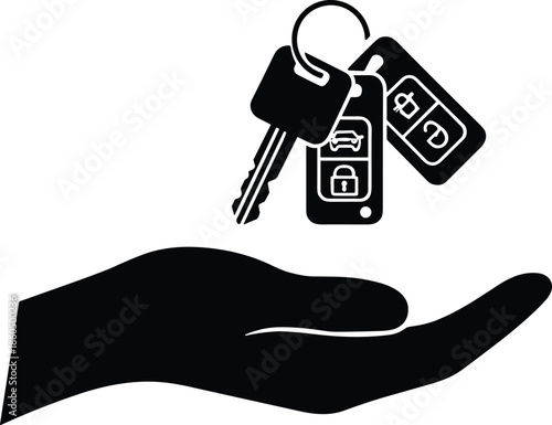 Black Silhouette of a Hand Holding Car Keys and Remote Fobs Isolated on White Background for Automotive Sales Rental and Insurance