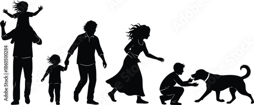 Black Silhouette of a Happy Large Family with Parents Children and Dog Playing Together Isolated on a Clean White Background