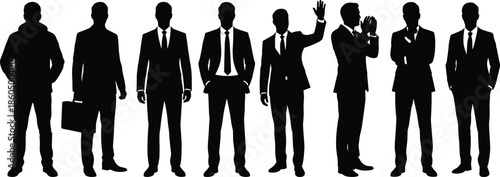 Businessman silhouette collection standing and gesturing, professional corporate male poses set, leadership career teamwork concept illustration