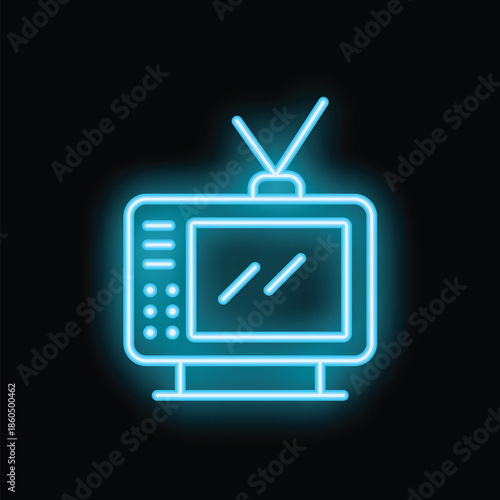 Blue neon sign showing a retro television set with antenna, isolated on a black background