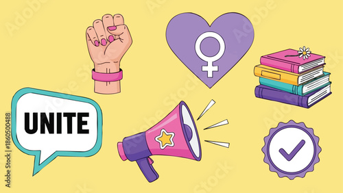 Colorful flat design icons empowering feminism with raised fist, female gender symbol heart, unite speech bubble, books stack, megaphone, and approval check badge on yellow background