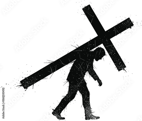 Black Silhouette of a Man Carrying a Large Christian Cross on His Back Isolated on White Background for Religious Concepts Illustration