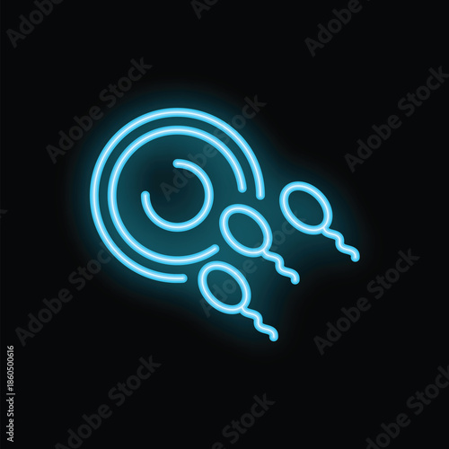 Blue neon icon of sperm fertilizing an egg cell representing human reproduction process
