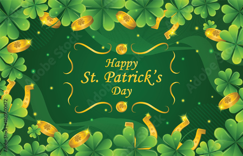 A festive st patrick s day background with clovers gold coins and decorative swirls