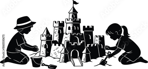Black Silhouette of Children Building a Large Detailed Sandcastle on the Beach Representing Summer Vacation Childhood Play and Creative Fun