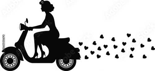 Black Silhouette of Elegant Woman Riding a Vintage Scooter with Hearts Trail Isolated on White Background for Valentines Day Design