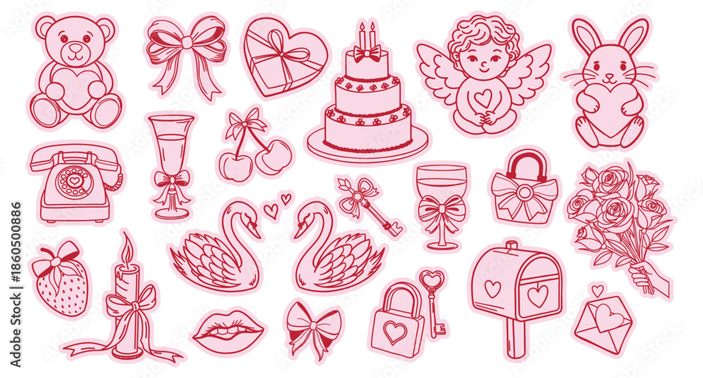 Fototapeta premium Valentines Day sticker set. Romantic collection of hand drawn love and Valentines Day elements. Illustration.