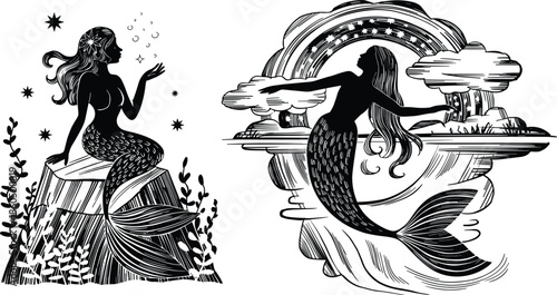 Mystical Mermaid Silhouette Illustration, Fantasy Ocean Goddess with Stars Rainbow Clouds, Black and White Vintage Style Vector Art Design