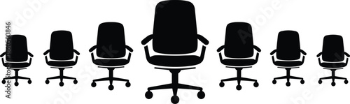 Office Chair Silhouette Collection Vector Illustration, Swivel Desk Chairs in Different Sizes, Black Furniture Design for Workplace Interior Concept