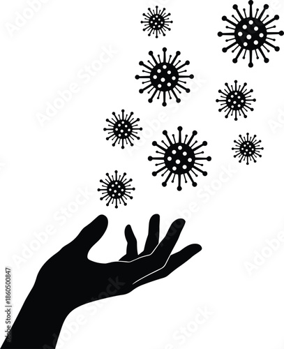 Black silhouette of human hand reaching towards floating virus cells representing germ transmission bacterial infection prevention healthcare and global pandemic awareness