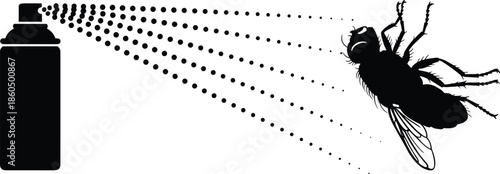 Black silhouette of insecticide aerosol spray can killing a flying house fly insect representing pest control services home hygiene and extermination