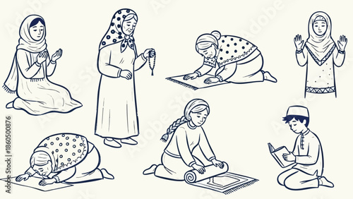 Minimalist monochrome line art showing six people in traditional clothing performing different islamic prayer postures and reading quran in peaceful indoor setting
