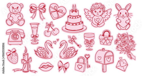 Valentines Day sticker set. Romantic collection of hand drawn love and Valentines Day elements. Illustration.
