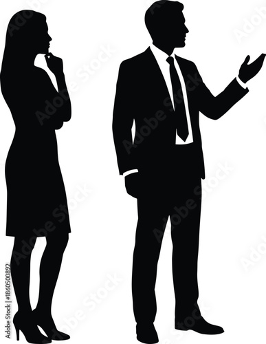 Business discussion silhouette illustration, confident man presenting idea, thoughtful woman listening, professional communication, corporate conversation concept