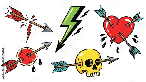 Colorful hand drawn flat design arrows piercing bleeding red heart and yellow skull with green lightning bolt tattoo style illustration in edgy graphic composition