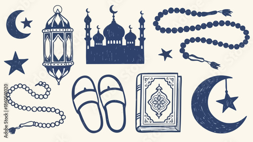 Blue monochrome vector art featuring islamic mosque, crescent moon with star, prayer beads, traditional lantern, slippers, and koran book in elegant detailed composition