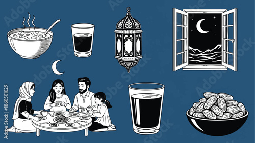 Flat design family having iftar meal together at round table during ramadan night with crescent moon lantern drinks and food near open window under starry sky