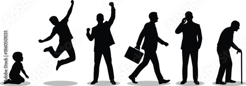 Human life stages silhouette illustration, growth journey from childhood to old age, success, work, aging concept