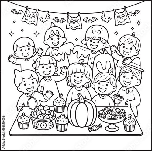 Halloween coloring page for kids featuring children celebrating halloween with sweets, candies and cake black outline vector illustration for holiday craft and activities design