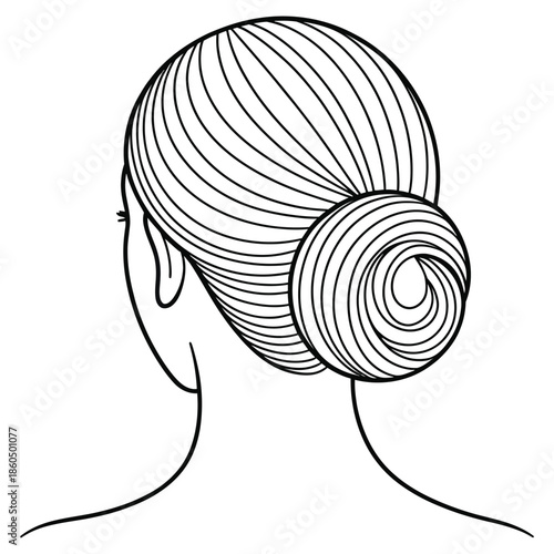 Woman with hair bun drawing from back view in black and white design for beauty and fashion with hair style illustration