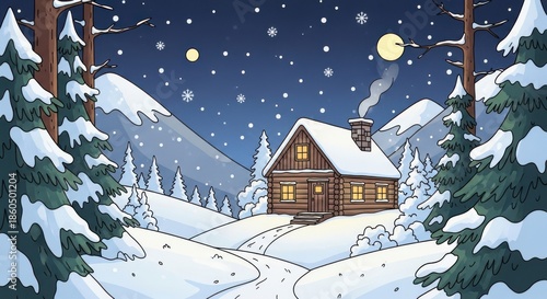 Cozy log cabin nestled in a snowy forest under a starry night sky