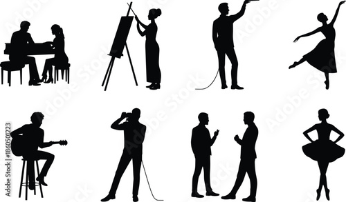 People Performing Arts Silhouette Collection Vector Illustration, Music Painting Dance Singing Conversation Activities, Black Creative Lifestyle Design Set