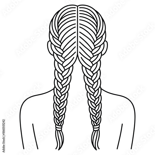 Woman with Pigtails Braids Hairstyle in Black Color for Backview, Beauty and Fashion Concepts with Elegant and Minimalist Design Isolated