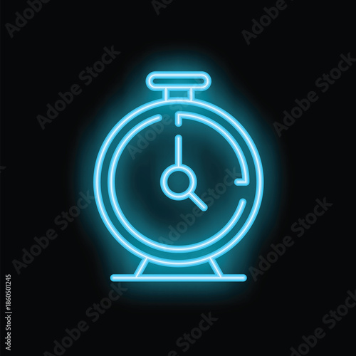 Blue neon sign of a clock ticking, symbolizing time passing in a vibrant and luminous way