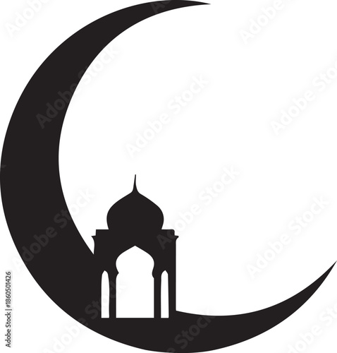 A night silhouette vector illustration of the Taj Mahal architecture in India featuring a crescent moon and stars in the city sky for travel and religion icons
