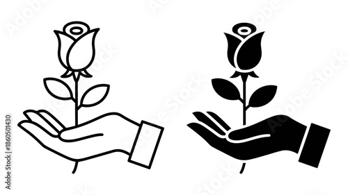 A gentle hand holds a single rose flower icon in line art and solid styles