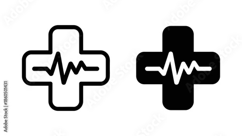 A minimalist medical cross icon with an ekg heartbeat line, presented in two color variations