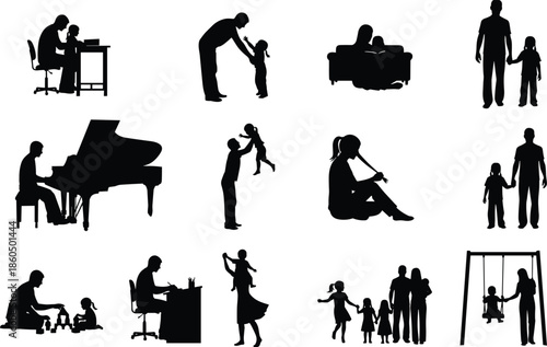 Collection of Black Silhouettes Featuring Parents and Children Engaging in Daily Activities Like Playing Music Studying and Outdoor Family Fun