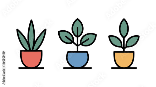 A collection of three colorful minimalist potted plant icons, representing indoor gardening and decoration