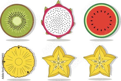 Tropical fruit cross-section icon set, kiwi dragon fruit watermelon pineapple starfruit vector bundle, graphic culinary design pack