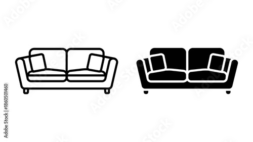 Modern sofa icon set featuring both outline and solid silhouette styles for graphic design projects