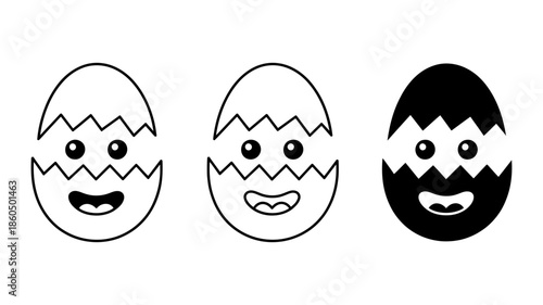 Cute cartoon cracked egg illustration set in black and white line art style
