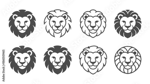 Set of eight diverse stylized lion head logos and icons in silhouette and line art styles