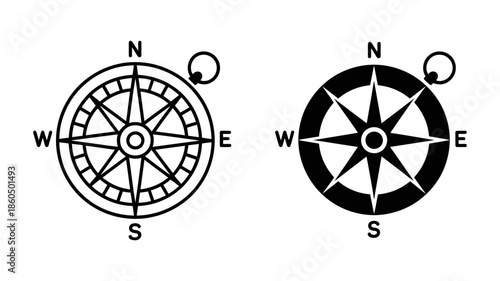 Outline and solid silhouette of a compass rose showing cardinal directions