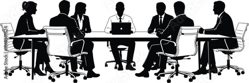 Business team meeting silhouette around conference table, corporate discussion teamwork concept, professional office collaboration vector illustration
